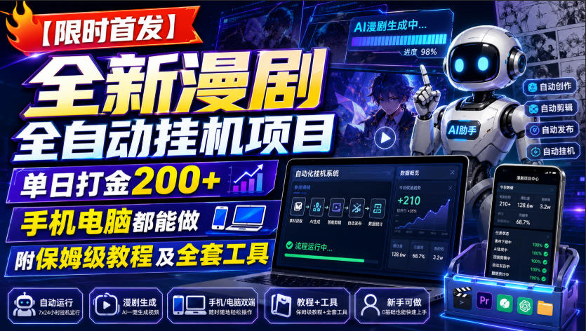 【限时首发】全新漫剧全自动挂G项目，单日打金200+，手机电脑都能做，附保姆级教程及全套工具【揭秘】-轻创终点站