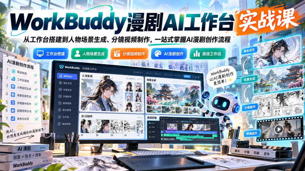 WorkBuddy漫剧AI工作台实战课：从工作台搭建到人物场景生成、分镜视频制作，一站式掌握AI漫剧创作流程-轻创终点站