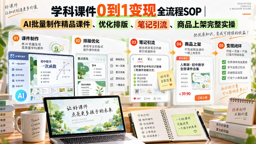 学科课件0到1变现全流程SOP｜AI批量制作精品课件、优化排版、笔记引流、商品上架完整实操​-轻创终点站