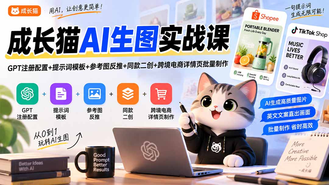 成长猫AI生图实战课|GPT注册配置+提示词模板+参考图反推+同款二创+跨境电商详情页批量制作-轻创终点站