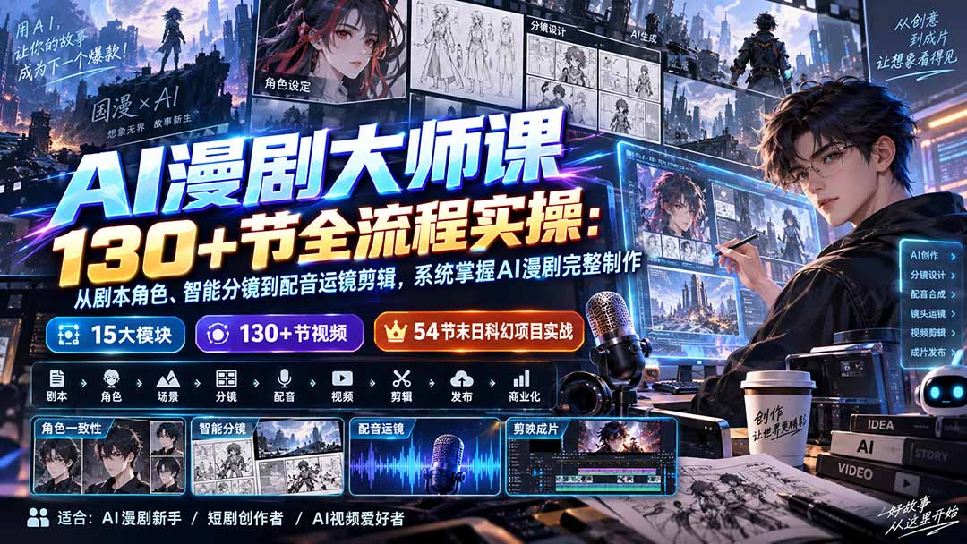 AI漫剧大师课130+节全流程实操：从剧本角色、智能分镜到配音运镜剪辑，系统掌握AI漫剧完整制作-轻创终点站