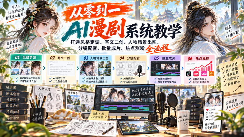 从零到一AI漫剧系统教学，打通风格定调、写文二创、人物场景出图、分镜配音、批量成片、热点涨粉全流程-轻创终点站
