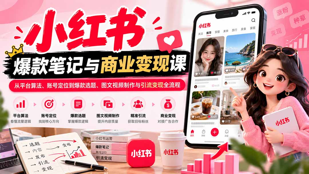 2026小红书爆款笔记与商业变现课：从平台算法、账号定位到爆款选题、图文视频制作与引流变现全流程-轻创终点站