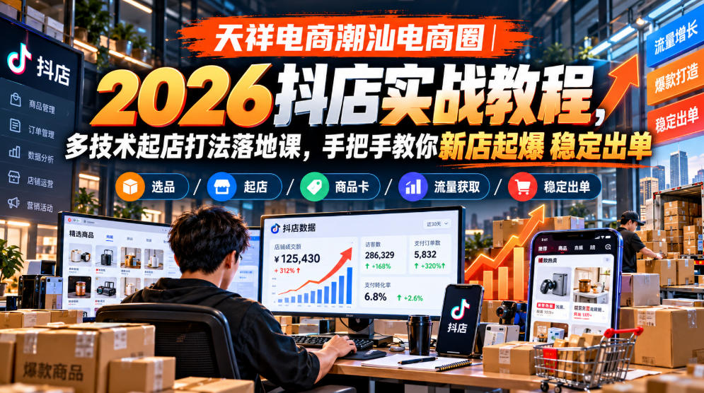 天祥电商潮汕电商圈｜2026抖店实战教程，多技术起店打法落地课，手把手教你新店起爆稳定出单-轻创终点站