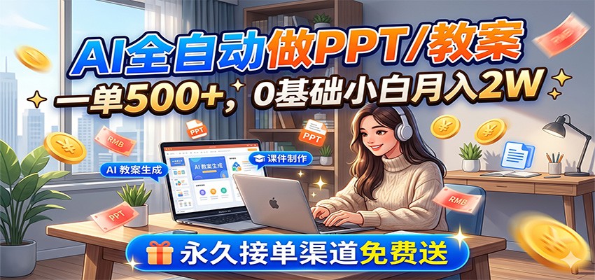 AI全自动做PPT/教案，一单500+，0基础小白月入2W，永久接单渠道免费送-源创文化:轻创终点站