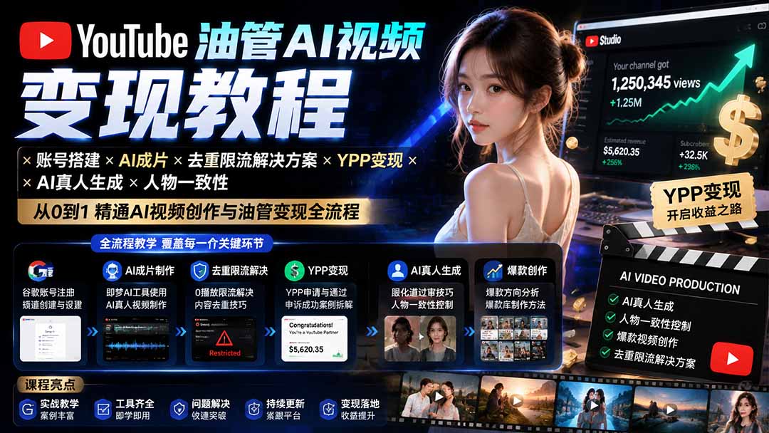 YouTube油管AI视频变现教程-更新：账号搭建×AI成片×去重限流解决方案×YPP变现×AI真人生成×人物一致性-轻创终点站