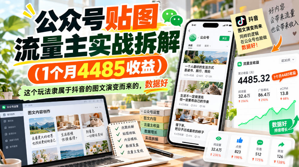 公众号贴图流量主实战拆解(1个月4485收益)，这个玩法隶属于抖音的图文演变而来的，数据好-轻创终点站