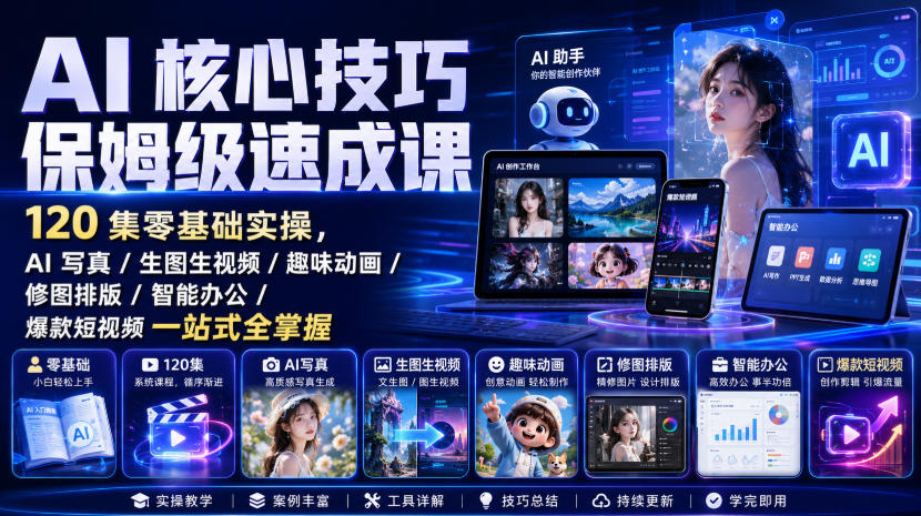 AI核心技巧保姆级速成课｜120集零基础实操，AI写真/生图生视频/趣味动画/修图排版/智能办公/爆款短视频一站式全掌握-轻创终点站