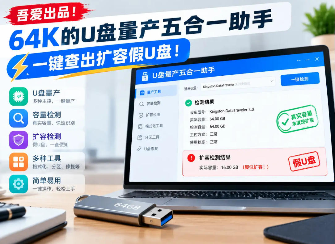 吾爱出品！64K的U盘量产五合一助手，一键查出扩容假U盘！-轻创终点站