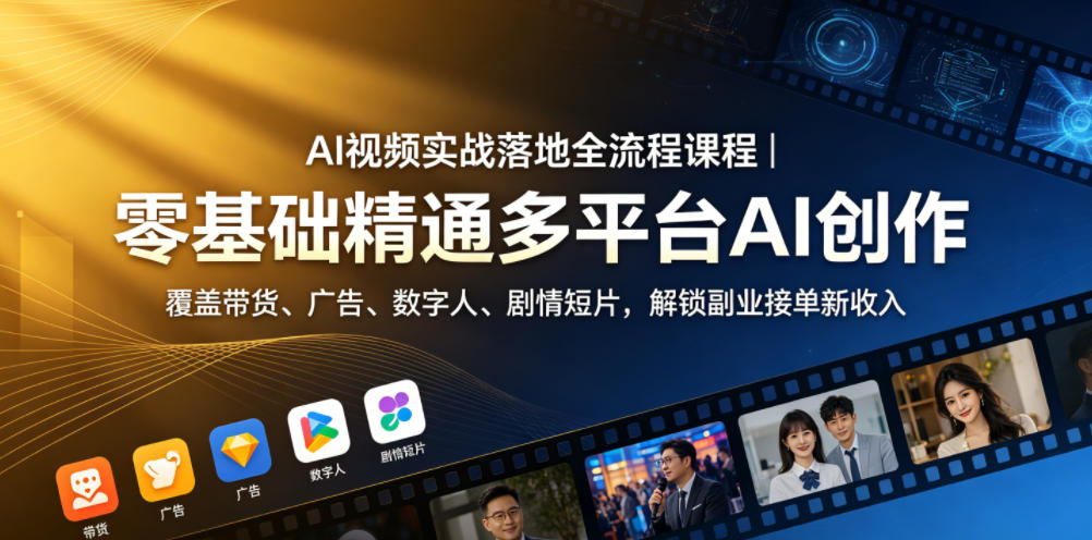 AI视频实战落地全流程课程｜零基础精通多平台AI创作，覆盖带货、广告、数字人、剧情短片，解锁副业接单新收入-源创文化:轻创终点站