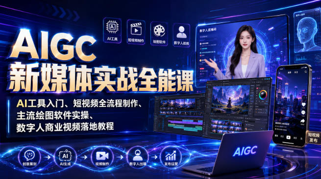 AIGC新媒体实战全能课|AI工具入门、短视频全流程制作、主流绘图软件实操、数字人商业视频落地教程-轻创终点站