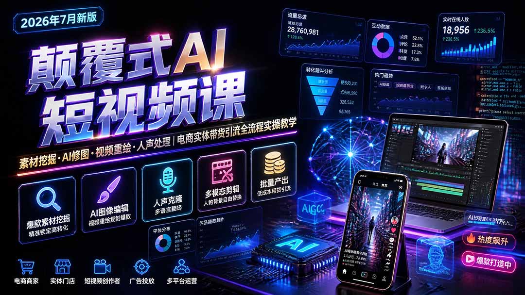 颠覆式AI短视频课｜素材挖掘，AI修图，视频重绘，人声处理｜电商实体带货引流全流程实操教学-轻创终点站