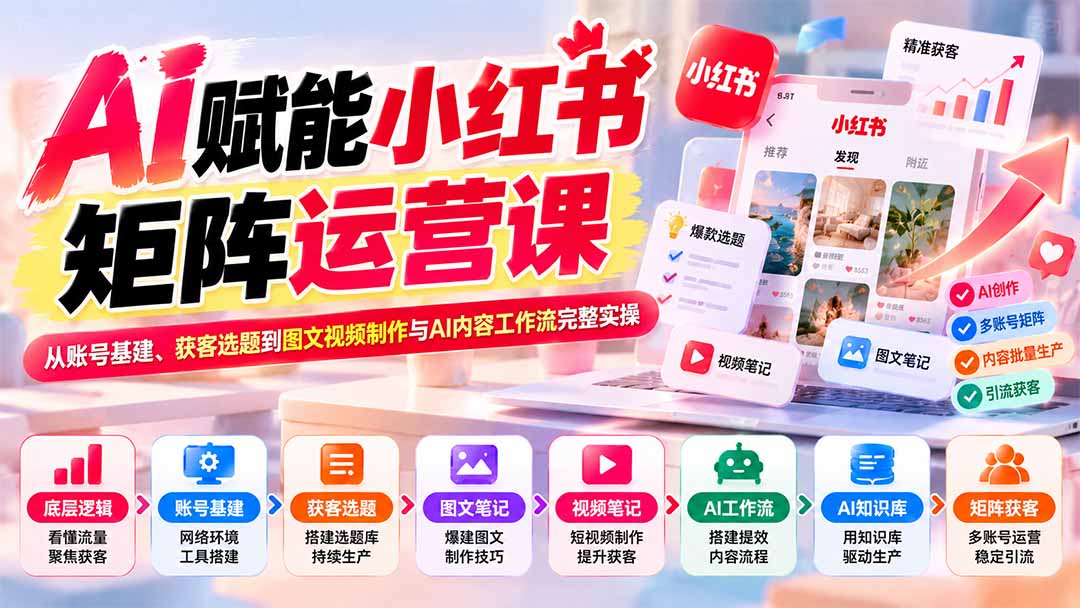AI赋能小红书矩阵运营课：从账号基建、获客选题到图文视频制作与AI内容工作流完整实操-轻创终点站