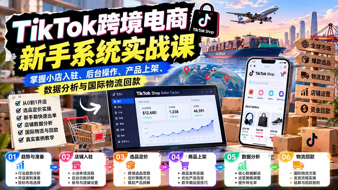 TikTok跨境电商新手系统实战课：掌握小店入驻、后台操作、产品上架、数据分析与国际物流回款-轻创终点站