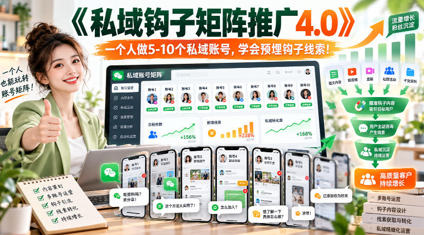 【无水印】《私域钩子矩阵推广4.0》一个人做5-10个私域账号，学会预埋钩子线索！-轻创终点站