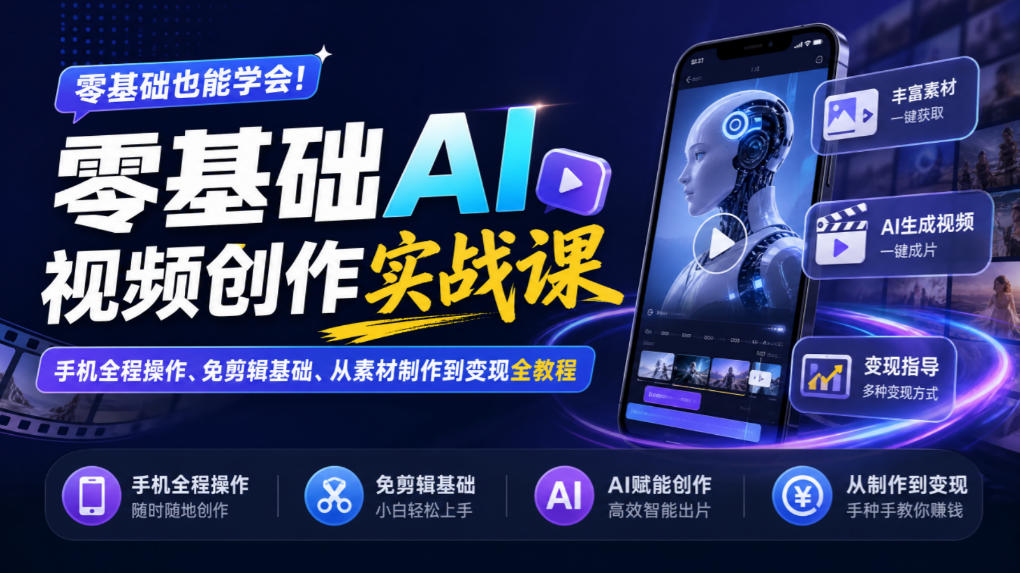 零基础AI视频创作实战课|手机全程操作、免剪辑基础、从素材制作到变现全教程-轻创终点站