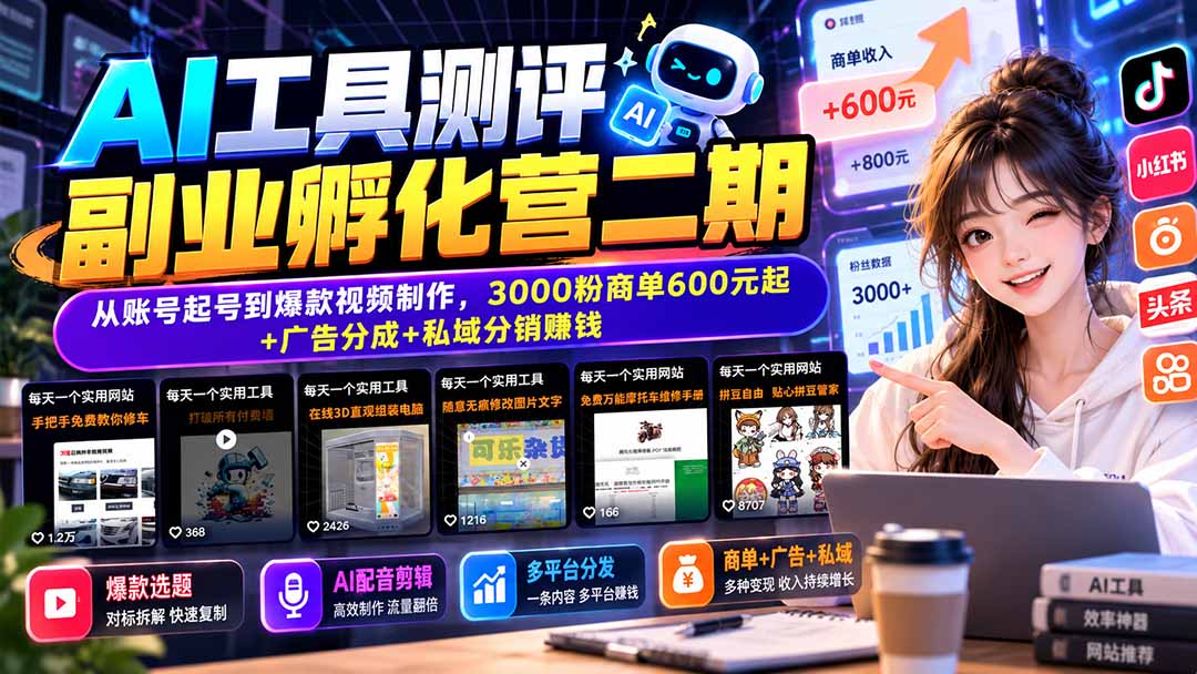 AI工具测评副业孵化营二期：从账号起号到爆款视频制作，3000粉商单600元起+广告分成+私域分销赚钱-轻创终点站