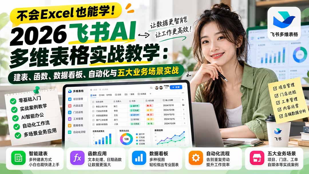 不会Excel也能学！2026飞书AI多维表格实战教学：建表、函数、数据看板、自动化与五大业务场景实战-轻创终点站