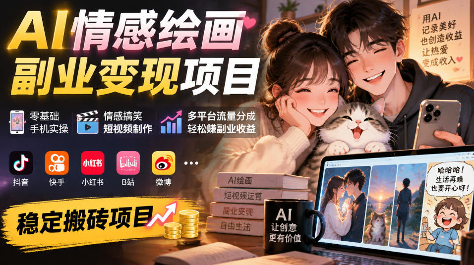 AI情感绘画副业变现项目｜零基础手机实操，情感搞笑短视频制作，多平台流量分成轻松賺副业收益-轻创终点站