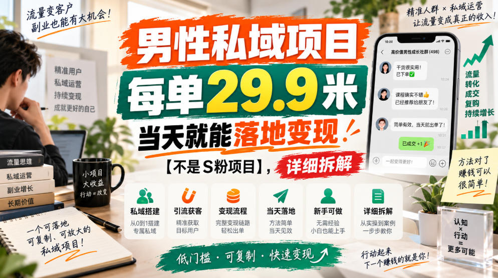 男性私域项目，每单29.9米，当天就能落地变现【不是S粉项目】，详细拆解-轻创终点站
