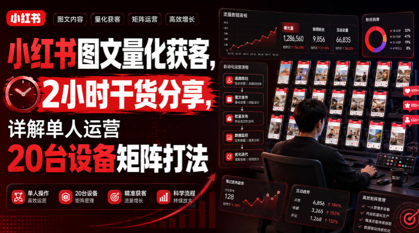 小红书图文量化获客，2小时干货分享，详解单人运营20台设备矩阵打法-轻创终点站