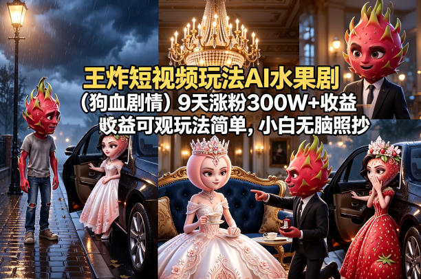 王炸短视频玩法AI水果剧(狗血剧情)9天涨粉300W+收益可观玩法简单，小白无脑照抄，详细拆解玩法-源创文化:轻创终点站