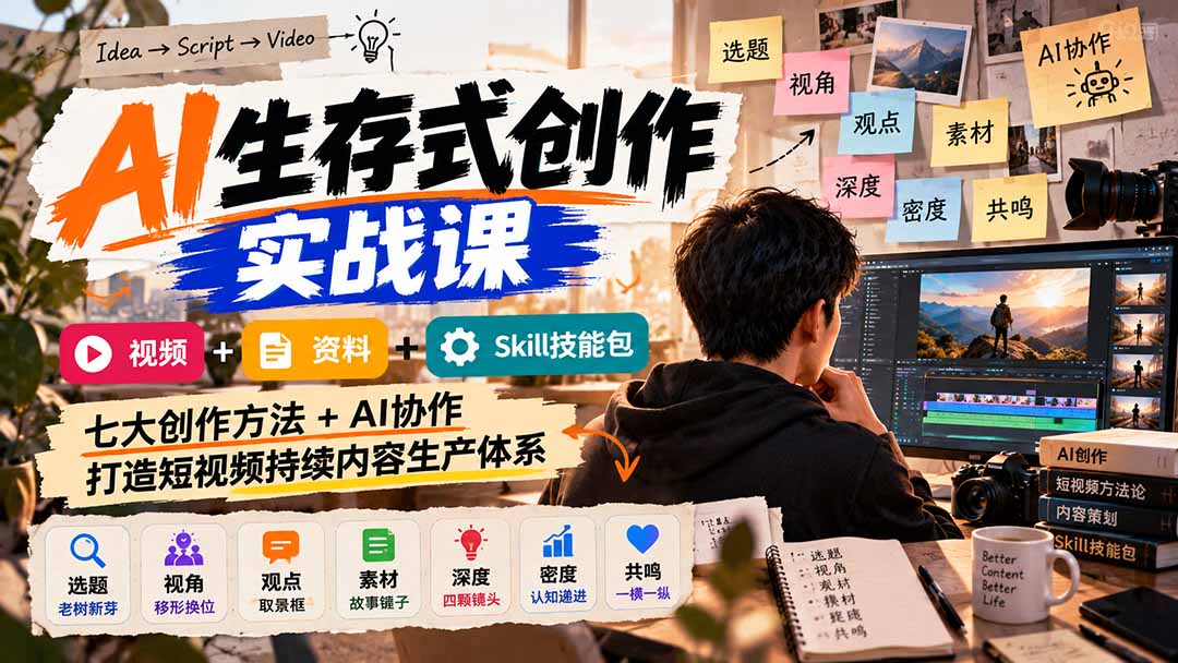 AI生存式创作实战课：视频+资料+Skill技能包，七大创作方法+AI协作，打造短视频持续内容生产体系-轻创终点站