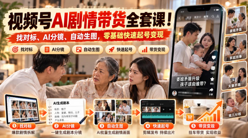 视频号AI剧情带货全套课！找对标、AI分镜、自动生图，零基础快速起号变现-轻创终点站