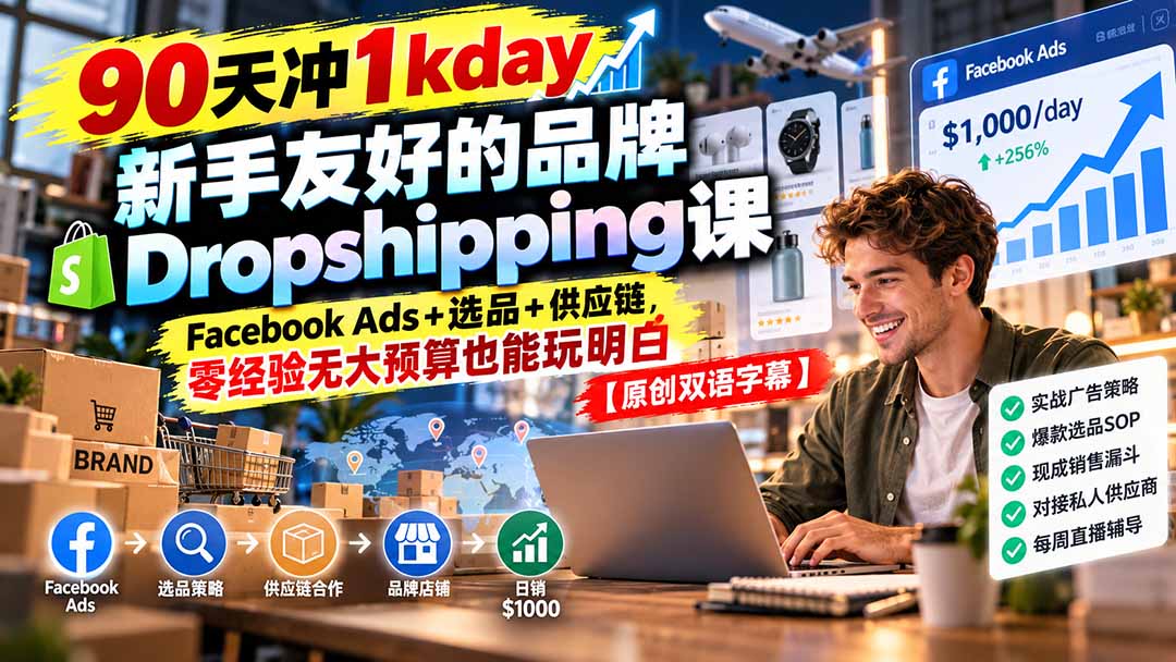 90天冲1kday 新手友好的品牌Dropshipping课:Facebook Ads+选品+供应链,零经验无大预算也能玩明白【原创双语字幕】-轻创终点站