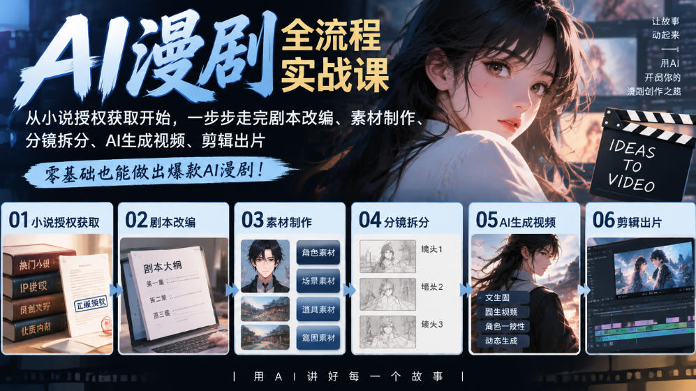 AI漫剧全流程实战课|从小说授权获取开始,一步步走完剧本改编、素材制作、分镜拆分、AI生成视频、剪辑出片全流程-轻创终点站