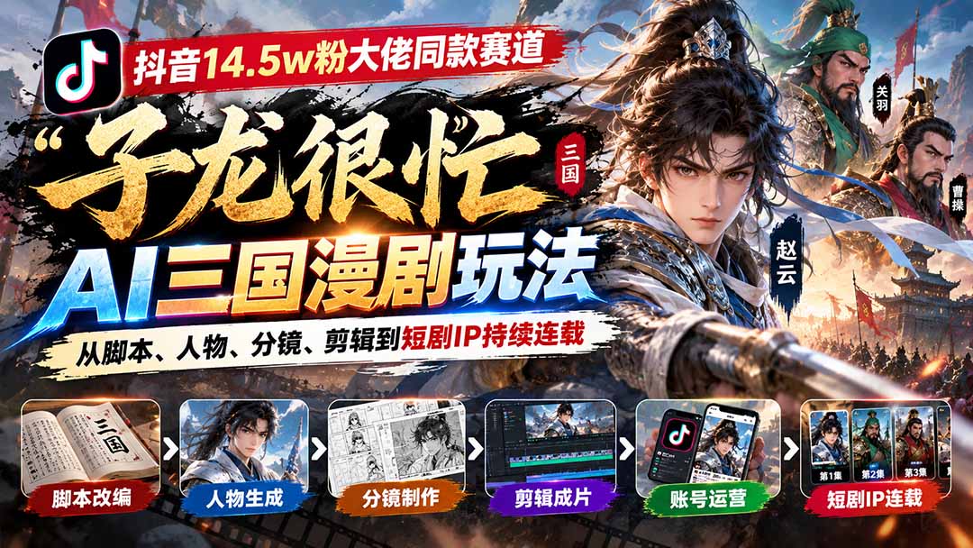 抖音14.5w粉大佬同款赛道「子龙很忙」AI三国漫剧玩法:从脚本、人物、分镜、剪辑到短剧IP持续连载-轻创终点站