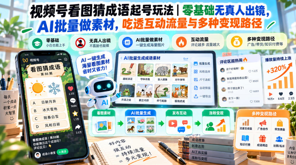视频号看图猜成语起号玩法｜零基础无真人出镜，AI批量做素材，吃透互动流量与多种变现路径-轻创终点站