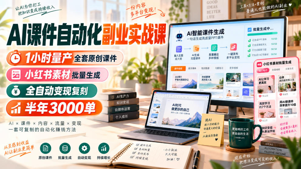 AI课件自动化副业实战课，1小时量产全套原创课件，小红书素材批量生成，全自动变现复刻，半年3000单-轻创终点站