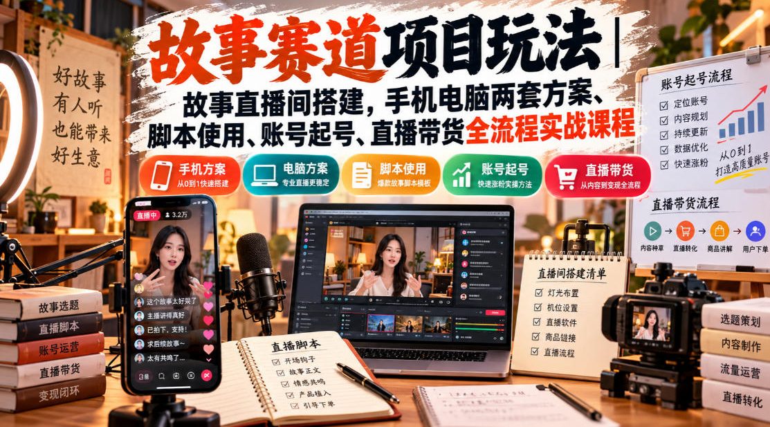 故事赛道项目玩法｜故事直播间搭建，手机电脑两套方案、脚本使用、账号起号、直播带货全流程实战课程-轻创终点站