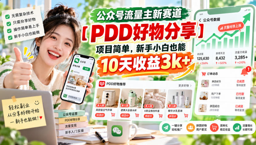公众号流量主新赛道【PDD好物分享】，项目简单，新手小白也能10天收益3k+-轻创终点站