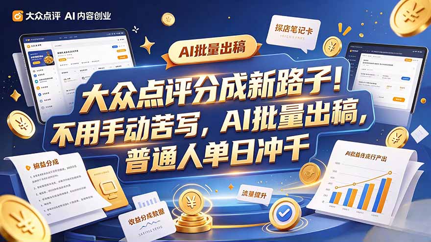 大众点评副业新玩法，工具提效解放双手，批量做笔记，单日可破千-轻创终点站
