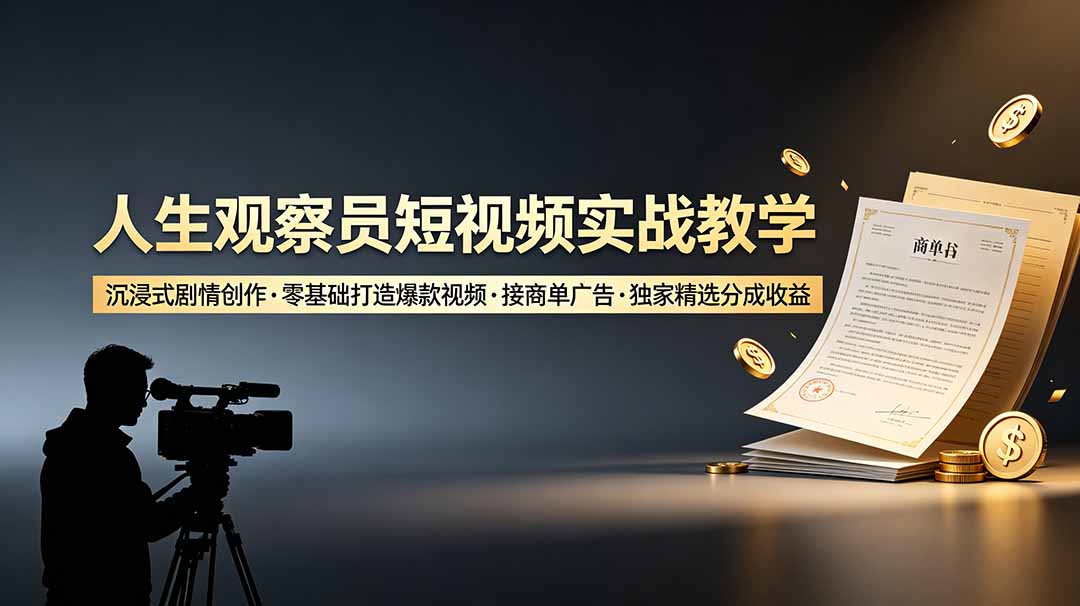 人生观察员短视频实战教学，沉浸式剧情创作，零基础打造爆款视频，接商单广告，独家精选分成收益-源创文化:轻创终点站