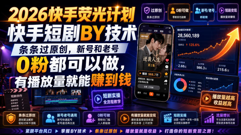 2026快手荧光计划，快手短剧搬运技术，条条过原创，新号和老号0粉都可以做，有播放量就能賺到钱-轻创终点站