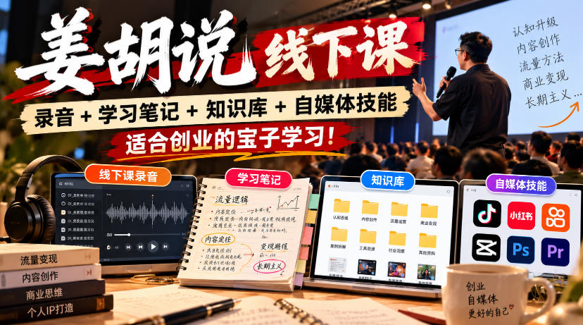 姜胡说线下课录音＋学习笔记＋知识库＋自媒体技能，​适合创业的宝子学习！-轻创终点站