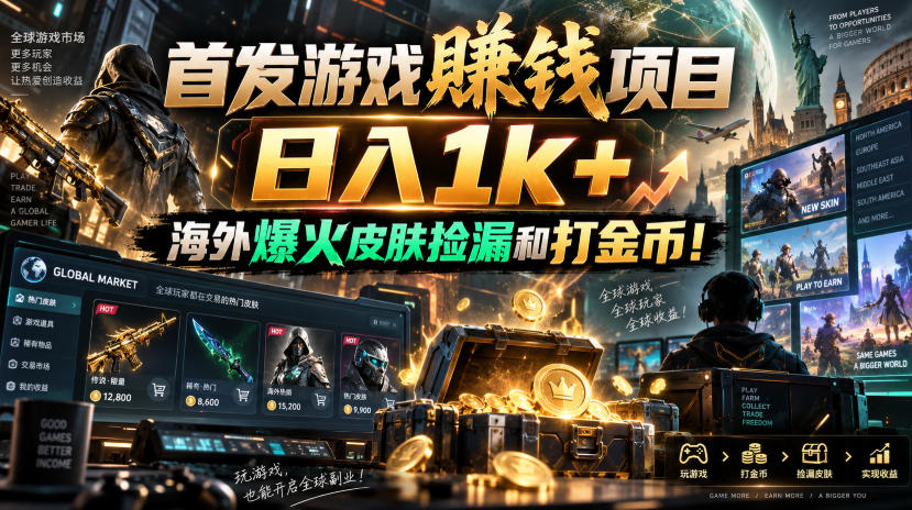 首发游戏賺钱项目，日入1k+，海外爆火皮肤捡漏和打金币！【揭秘】-轻创终点站