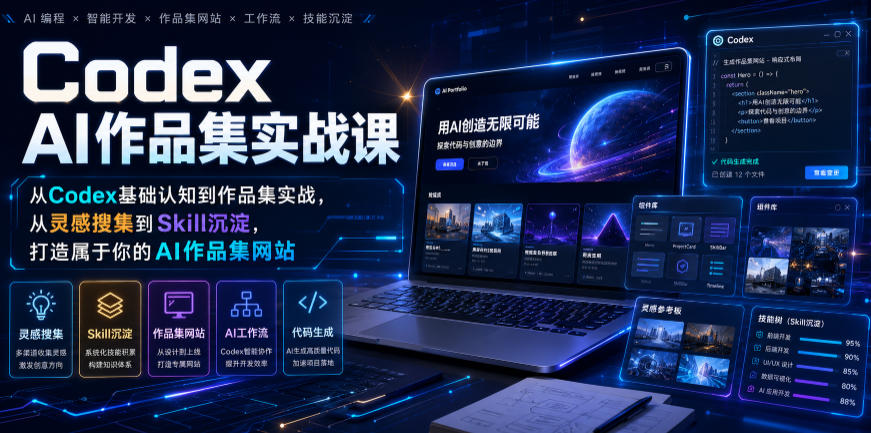 Codex AI作品集实战课，从Codex基础认知到作品集实战，从灵感搜集到Skill沉淀，打造属于你的AI作品集网站-源创文化:轻创终点站
