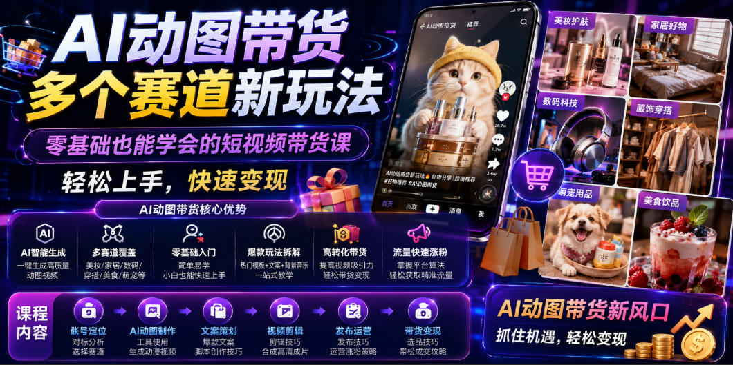 AI动图带货多个赛道新玩法,零基础也能学会的短视频带货课,轻松上手,快速变现-源创文化:轻创终点站