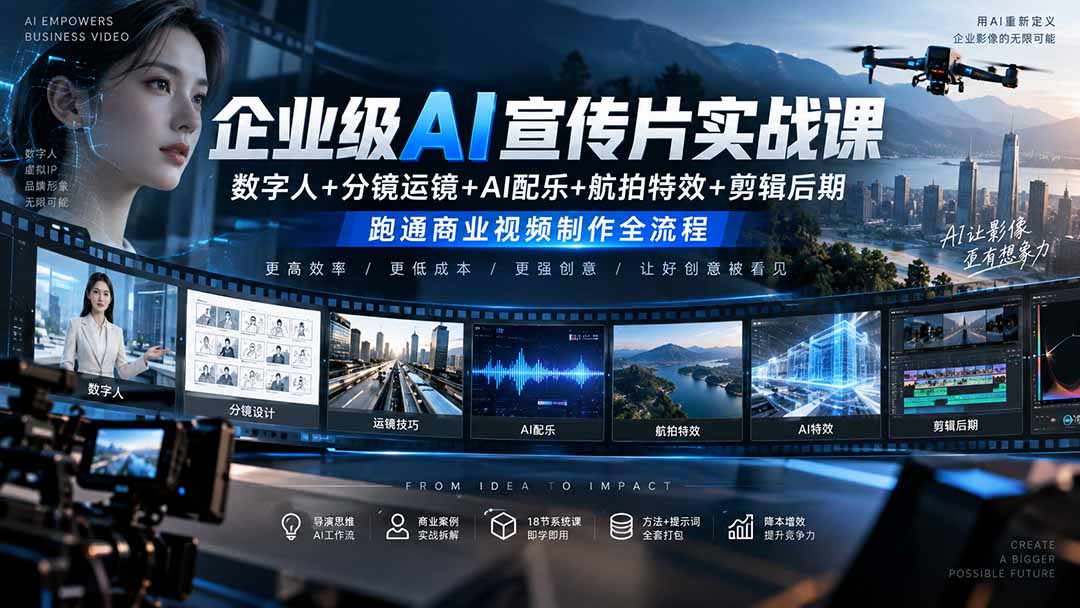 企业级AI宣传片实战课｜数字人+分镜运镜+AI配乐+航拍特效+剪辑后期，跑通商业视频制作全流程-轻创终点站