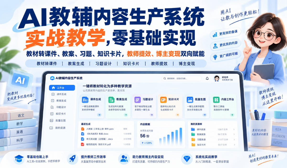 【无水印】AI教辅内容生产系统实战教学，零基础实现教材转课件、教案、习题、知识卡片，教师提效、博主变现双向赋能(更新0926)-轻创终点站