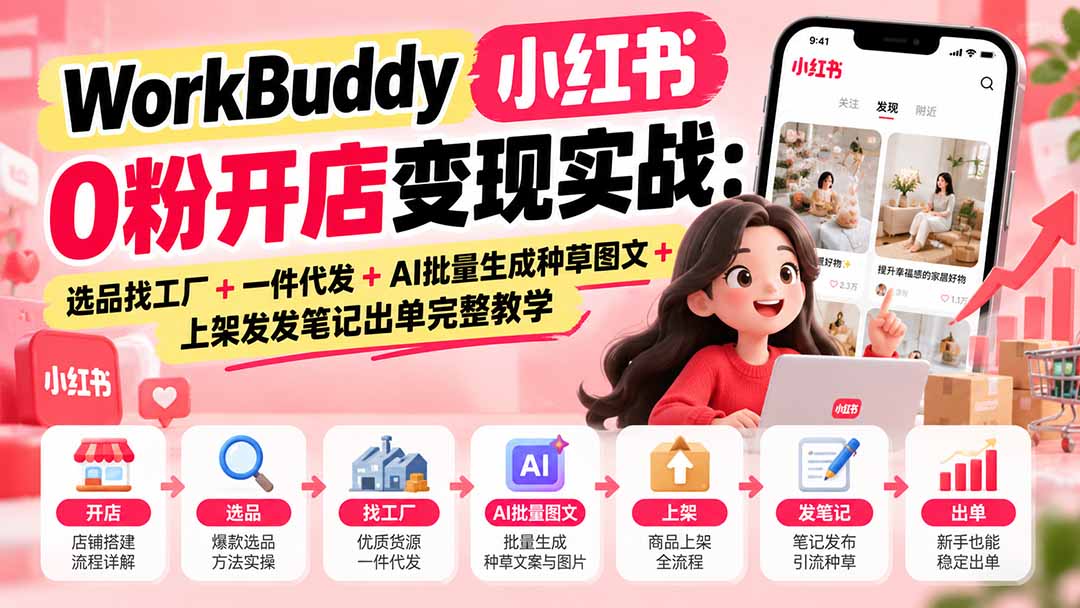 WorkBuddy小红书0粉开店变现实战：选品找工厂+一件代发+AI批量生成种草图文+上架发发笔记出单完整教学-轻创终点站