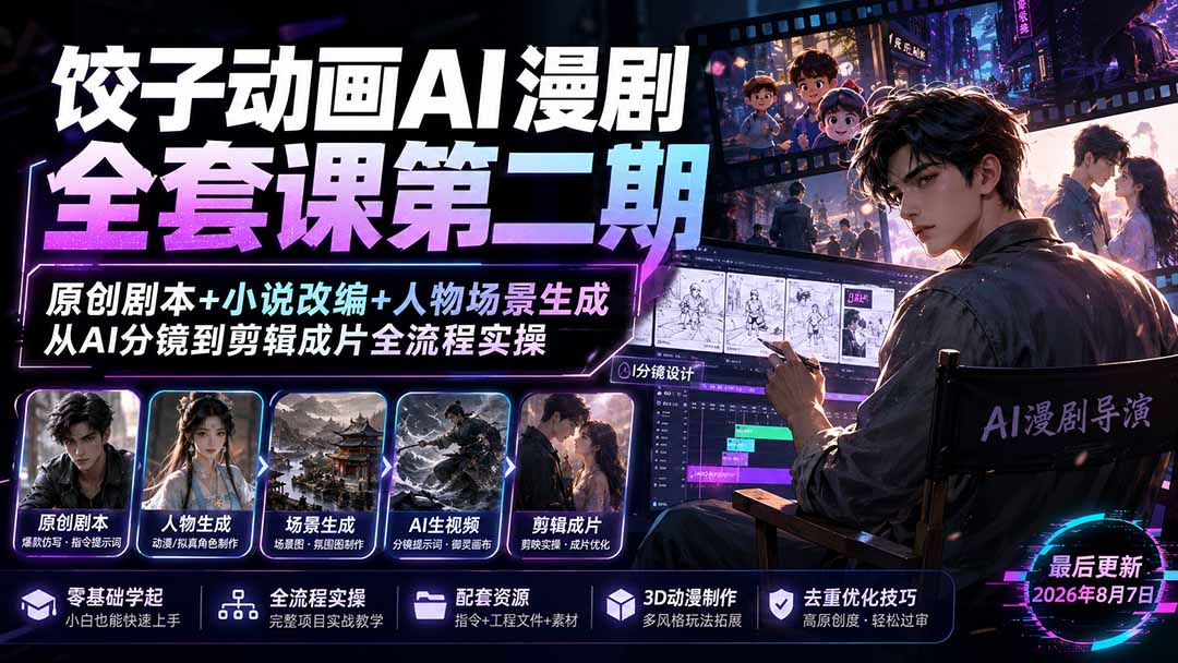 饺子动画AI漫剧全套课第二期：原创剧本+小说改编+人物场景生成，从AI分镜到剪辑成片全流程实操-轻创终点站