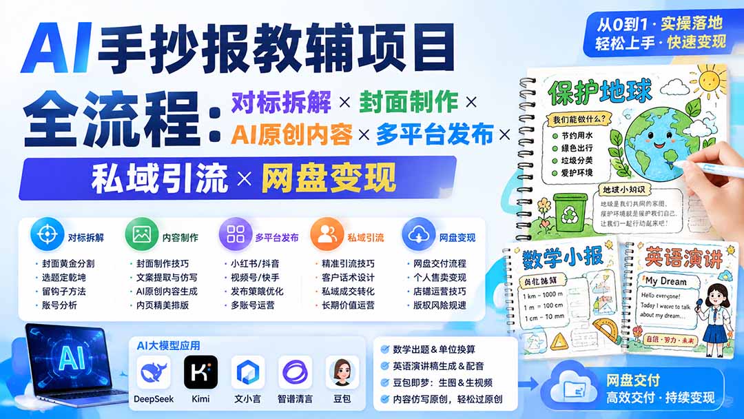 AI手抄报教辅项目全流程：对标拆解×封面制作×AI原创内容×多平台发布×私域引流×网盘变现-轻创终点站