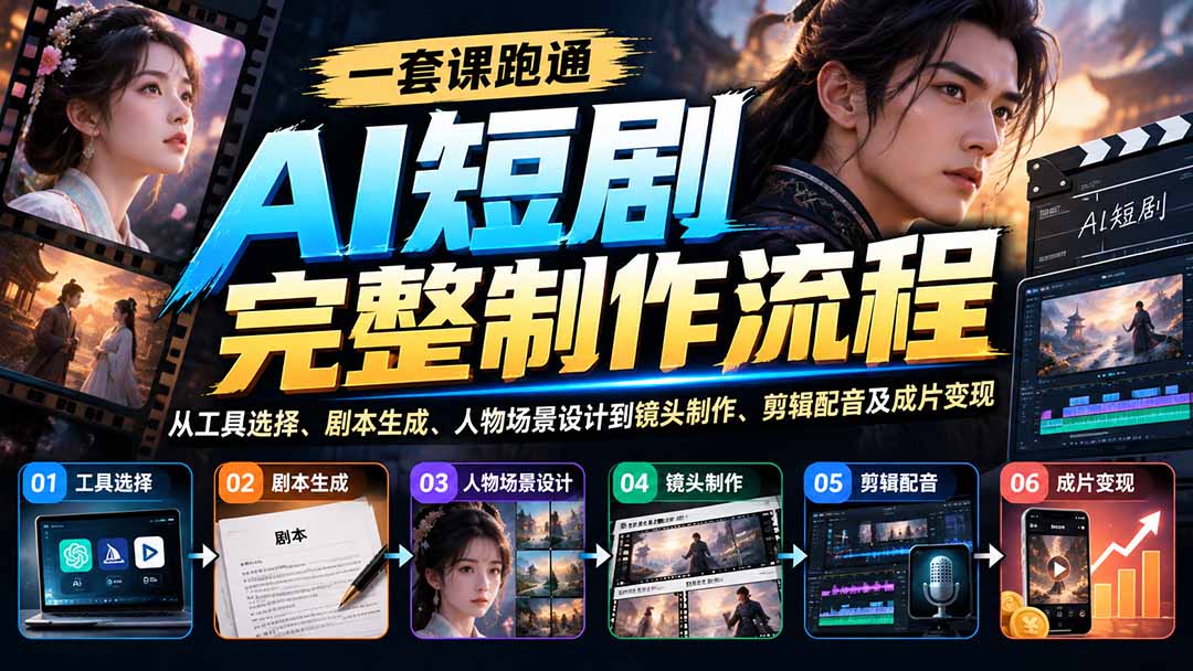 一套课跑通AI短剧完整制作流程：从工具选择、剧本生成、人物场景设计到镜头制作、剪辑配音及成片变现-轻创终点站