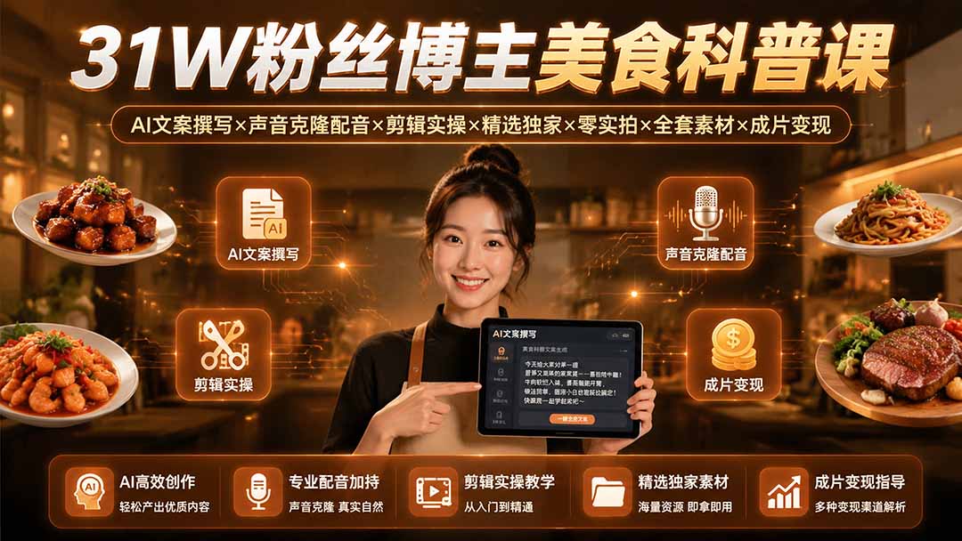 31W粉丝博主美食科普课：AI文案撰写×声音克隆配音×剪辑实操×精选独家×零实拍×全套素材×成片变现-轻创终点站