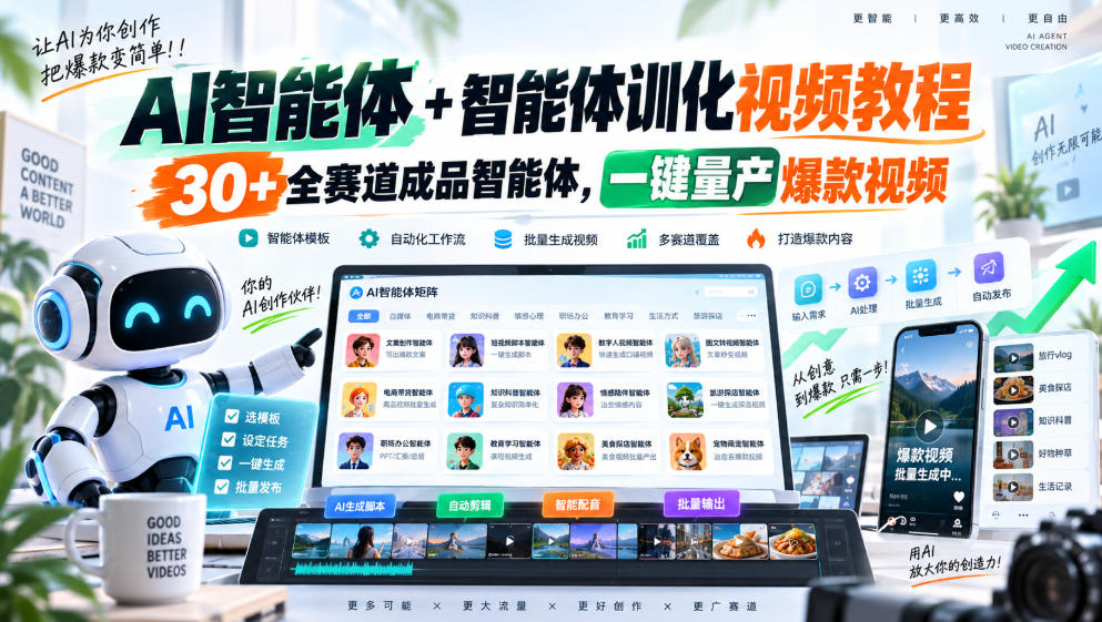 AI智能体+智能体训化视频教程，30+全赛道成品智能体，一键量产爆款视频-轻创终点站